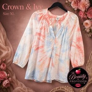 💋 Crown & Ivy XL Pastel Tie Dye Rayon Blouse Pink Blue 3/4 Sleeve Boho Top